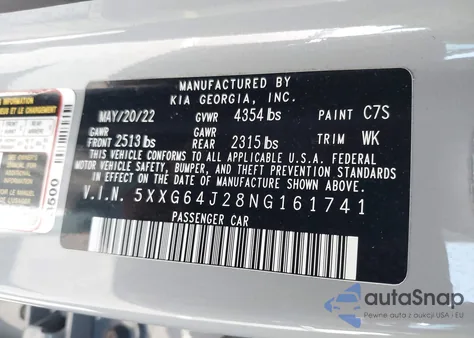 2022 Kia K5 Gt-Line из США, поврежденный, VIN 5XXG64J28NG161741